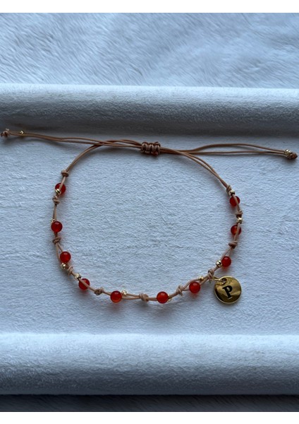 Harfli Kişiye Özel Minimal Karnelyan Taşı Ayarlanabilir Ip Bileklik & Halhal