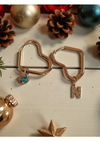 Harf ve Mavi Zirkon Kalp Charmlı Çelik Kalp Küpe fiyatları