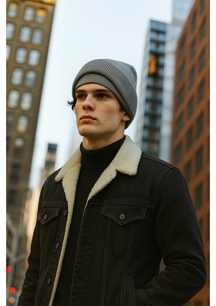 Erkek Içi Kürklü Polo Yaka Siyah Kot Mont