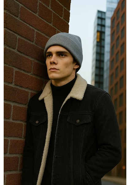 Erkek Içi Kürklü Polo Yaka Siyah Kot Mont