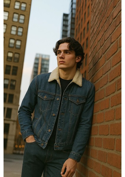 Erkek Içi Kürklü Polo Yaka Mavi Kot Mont fiyatları