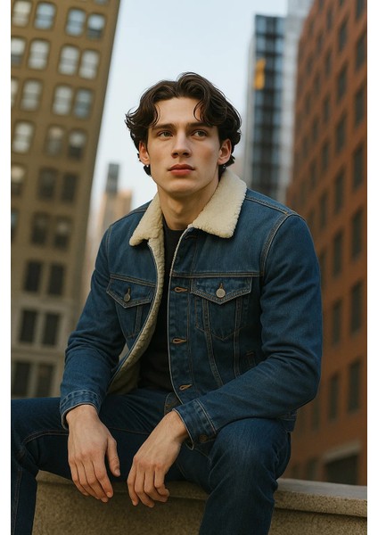 Erkek Içi Kürklü Polo Yaka Mavi Kot Mont modelleri