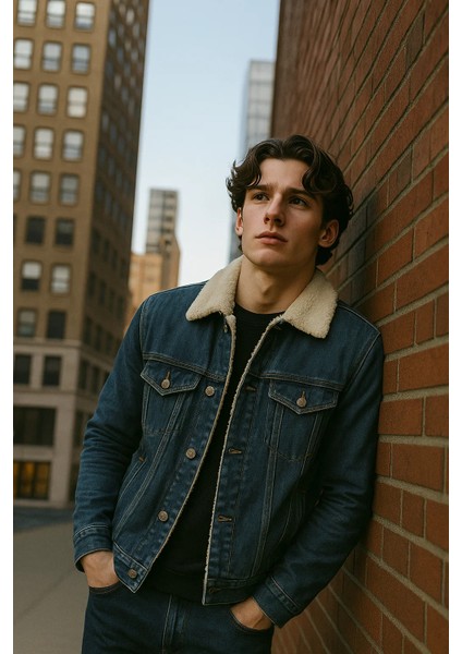 Erkek Içi Kürklü Polo Yaka Mavi Kot Mont fırsatları