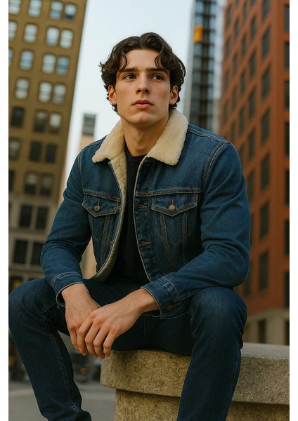 Erkek Içi Kürklü Polo Yaka Mavi Kot Mont indirimleri