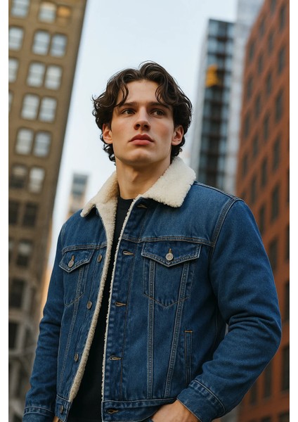 Erkek Içi Kürklü Polo Yaka Mavi Kot Mont