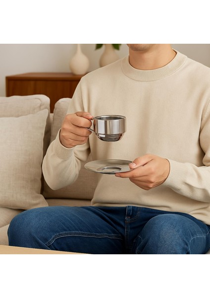 Paslanmaz Çelik Çift Cidarlı Kahve Fincanı Seti 180 ml Fincan Tabak Kaşık fiyatları