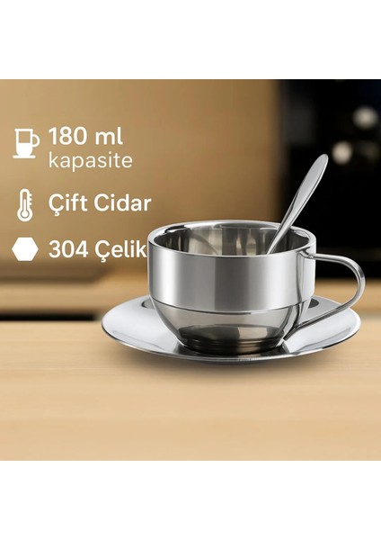 Paslanmaz Çelik Çift Cidarlı Kahve Fincanı Seti 180 ml Fincan Tabak Kaşık indirimleri