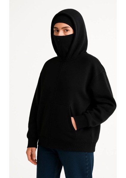 Kadın Samuray Ninja Çift Kapşonlu Zıp Fermuarlı Kanguru Çepli Hoodie Maske Detaylı Swetshirt - Siyah indirimleri