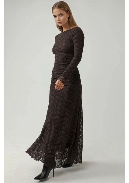 Kadın Yuvarlak Yakalı Uzun Dantel Elbise Kestane Kahvesi fiyatları