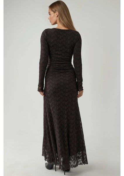 Kadın Yuvarlak Yakalı Uzun Dantel Elbise Kestane Kahvesi fırsatları