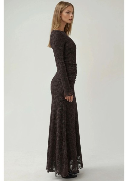 Kadın Yuvarlak Yakalı Uzun Dantel Elbise Kestane Kahvesi indirimleri