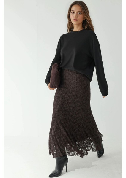 Kadın Yüksek Bel Dantel Uzun Etek Kestane Kahvesi