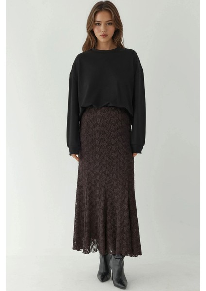 Kadın Yüksek Bel Dantel Uzun Etek Kestane Kahvesi fiyatları