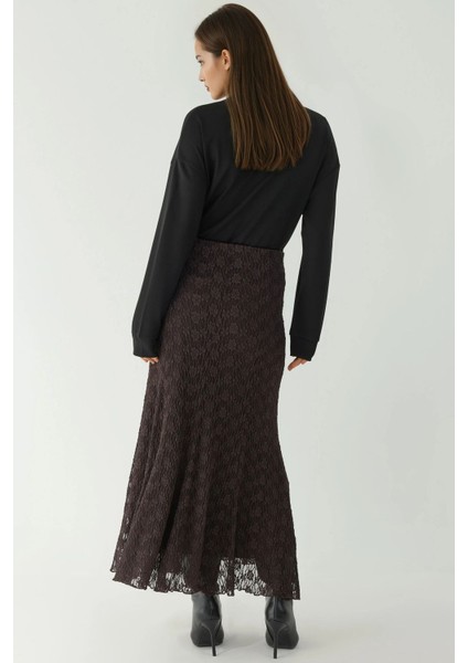 Kadın Yüksek Bel Dantel Uzun Etek Kestane Kahvesi modelleri