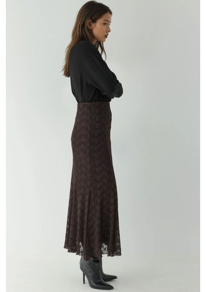 Kadın Yüksek Bel Dantel Uzun Etek Kestane Kahvesi fırsatları
