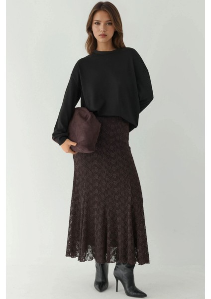 Kadın Yüksek Bel Dantel Uzun Etek Kestane Kahvesi indirimleri