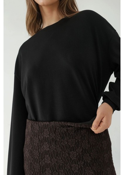 Kadın Yüksek Bel Dantel Uzun Etek Kestane Kahvesi