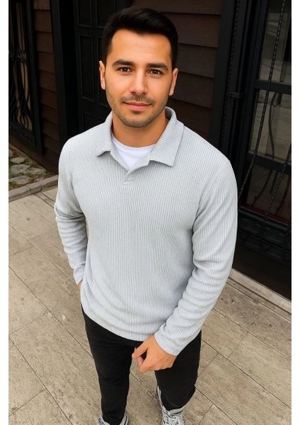 Erkek Fitilli Polar Sweatshirt – Düğmesiz Polo Yaka, Oversize Rahat Kalıp, Kalın Polar Kumaş, Kışlık ve Baharlık Şık Günlük Üst - Gri