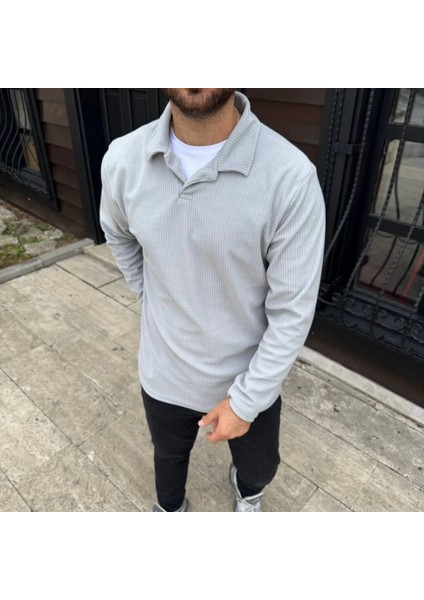 Erkek Fitilli Polar Sweatshirt – Düğmesiz Polo Yaka, Oversize Rahat Kalıp, Kalın Polar Kumaş, Kışlık ve Baharlık Şık Günlük Üst - Gri fiyatları