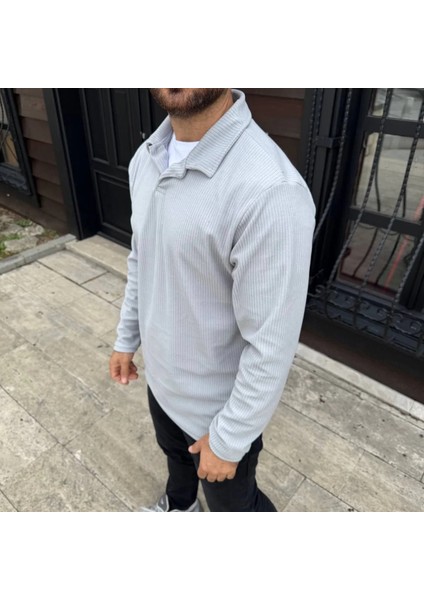 Erkek Fitilli Polar Sweatshirt – Düğmesiz Polo Yaka, Oversize Rahat Kalıp, Kalın Polar Kumaş, Kışlık ve Baharlık Şık Günlük Üst - Gri modelleri