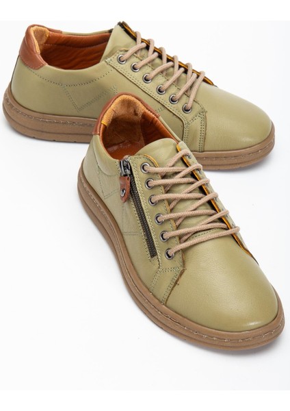Yeşil Hakiki Deri Ortopedik Kadın Günlük Ayakkabı Fermuarlı Bağcıklı