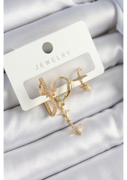 Pirinç Zirkon Taşlı Yıldız Model Gold Renk 3 Lü Çift Kadın Küpe Set