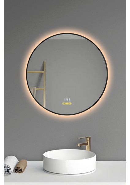 Akıllı Ayna Buğu Çözücülü Hareket Sensörlü 3 LED Işıklı Siyah Çerçeveli Banyo Aynası 75 cm modelleri