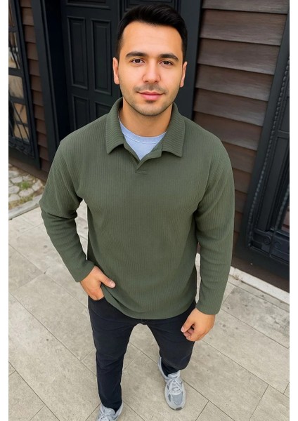 Erkek Fitilli Polar Sweatshirt – Düğmesiz Polo Yaka, Oversize Rahat Kalıp, Kalın Polar Kumaş, Kışlık ve Baharlık Şık Günlük Üst - Haki fiyatları