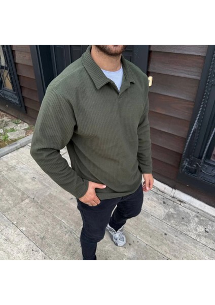 Erkek Fitilli Polar Sweatshirt – Düğmesiz Polo Yaka, Oversize Rahat Kalıp, Kalın Polar Kumaş, Kışlık ve Baharlık Şık Günlük Üst - Haki modelleri