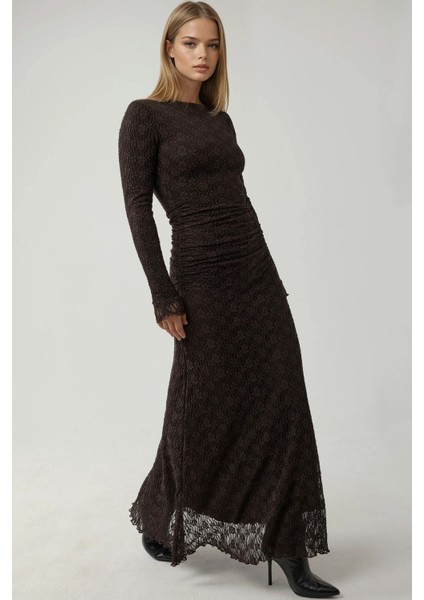 Kadın Yuvarlak Yakalı Uzun Dantel Elbise Kestane Kahvesi