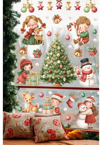 Yılbaşı Temalı Çocuk Odası Cam Sticker Seti – Çam Ağacı, Kardan Adam, Hediye Noel Figürleri 44 Parça fiyatları