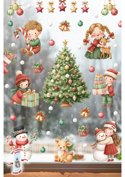 Yılbaşı Temalı Çocuk Odası Cam Sticker Seti – Çam Ağacı, Kardan Adam, Hediye Noel Figürleri 44 Parça modelleri