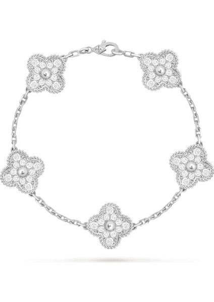 Van Cleef & Arpels Vintage Alhambra Bileklik, 5 Motif Yonca 925 Ayar Gümüş, Zirkon Taşlı