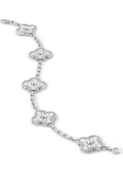 Van Cleef & Arpels Vintage Alhambra Bileklik, 5 Motif Yonca 925 Ayar Gümüş, Zirkon Taşlı indirimleri