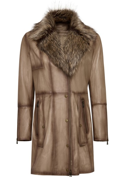 Kelly Kadın Bej Yaka Kürklü Deri Kaban 25WGE5619NC