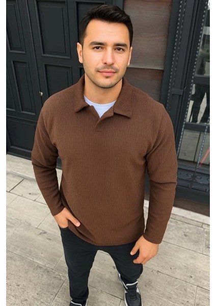 Erkek Fitilli Polar Sweatshirt – Düğmesiz Polo Yaka, Oversize Rahat Kalıp, Kalın Polar Kumaş, Kışlık ve Baharlık Şık Günlük Üst - Kahverengi