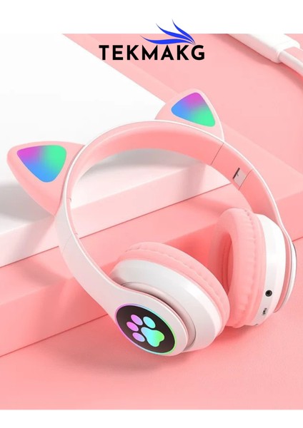 Stn-28 Kedi Kulaklı Kulaklık Pembe, Sevimli Kablosuz Bluetooth 5.0, Rgb LED Işıklı, Katlanabilir Kulaküstü Çocuk Kulaklığı