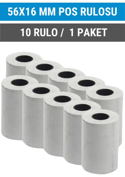 56x16mm Termal Pos Rulosu | 1 Paket | 10 Rulo | Ribonsuz | Perakende, Kafe, Market | Pos Yazıcı