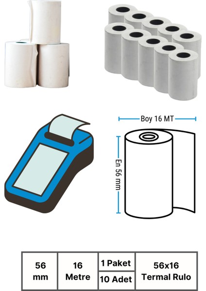 56x16mm Termal Pos Rulosu | 1 Paket | 10 Rulo | Ribonsuz | Perakende, Kafe, Market | Pos Yazıcı fiyatları