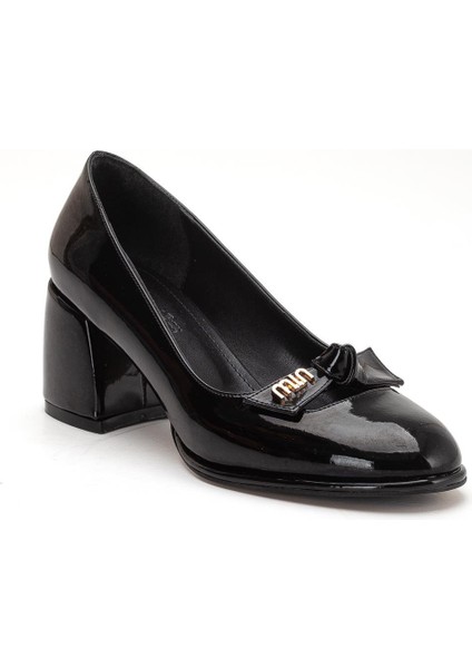 Büyük Beden Kadın Kalın Topuklu Ayakkabı Siyah Rugan Fiyonklu Yuvarlak Burun fırsatları
