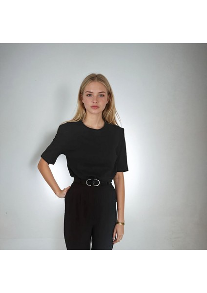 Vatkalı Antrasit T-Shirt, Omzu Vatkalı Kadın T-Shirt, Pamuklu Penye T-Shirt