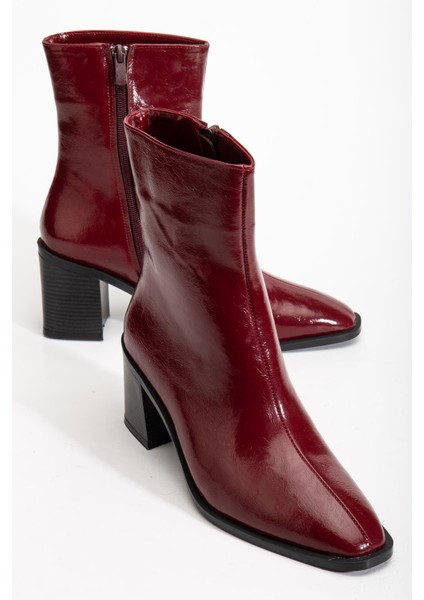 Bordo Kadın Kalın Topuklu Bot Rugan Küt Burun Yüzüdüz
