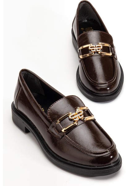 Kahverengi Kadın Loafer Günlük Ayakkabı Kırışık Rugan Tokalı