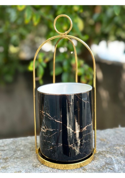 Siyah Mermer Desenli Porselen Metal Standlı Kaşıklık