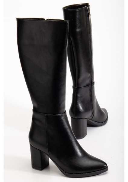 Kadın Topuklu Çizme Siyah Suni Deri Sivri Burun