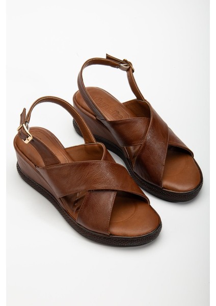 Kadın Dolgu Topuklu Ayakkabı Sandalet Taba Çapraz Bantlı Suni Deri fiyatları