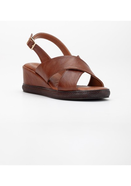 Kadın Dolgu Topuklu Ayakkabı Sandalet Taba Çapraz Bantlı Suni Deri fırsatları
