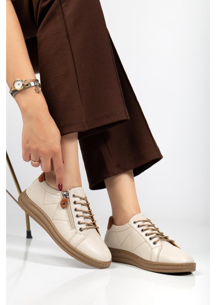 Bej Hakiki Deri Ortopedik Kadın Günlük Ayakkabı Fermuarlı Bağcıklı fiyatları