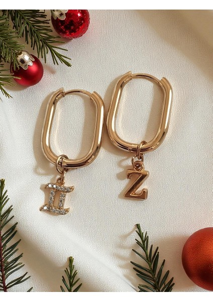 Zirkon Ikizler Burcu ve Harf Charm'lı Oval Çelik Küpe