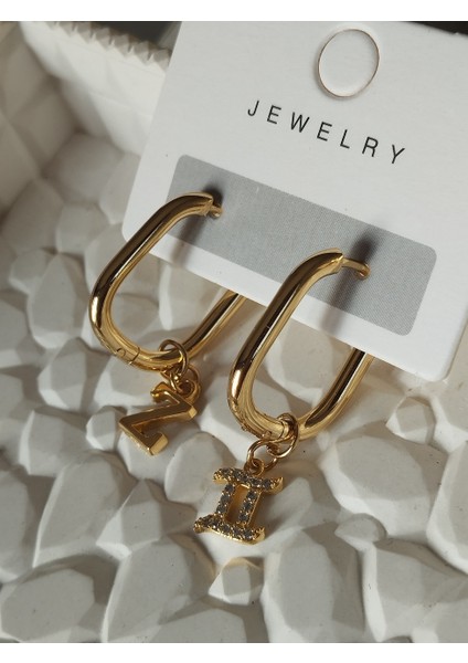 Zirkon Ikizler Burcu ve Harf Charm'lı Oval Çelik Küpe modelleri